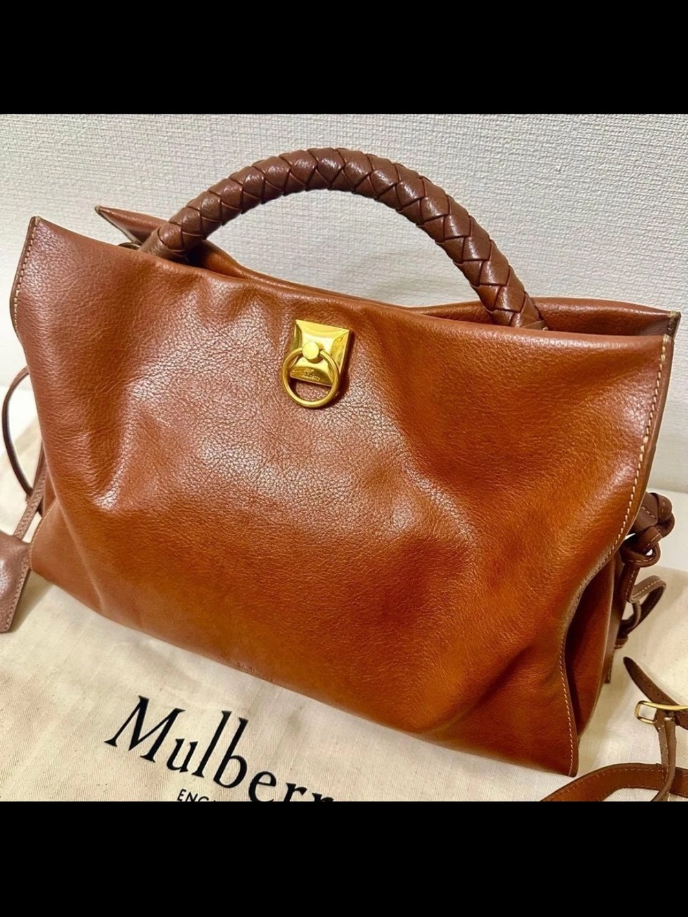 Mulberry Brown Leather Braided-Handle Satchel with Gold Hardware